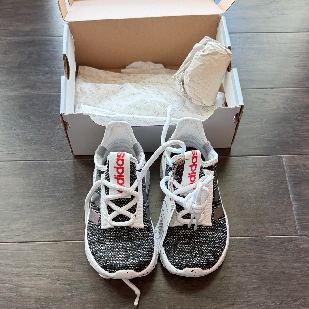 Adidas Kids Black and White Sneakers with Red Accents